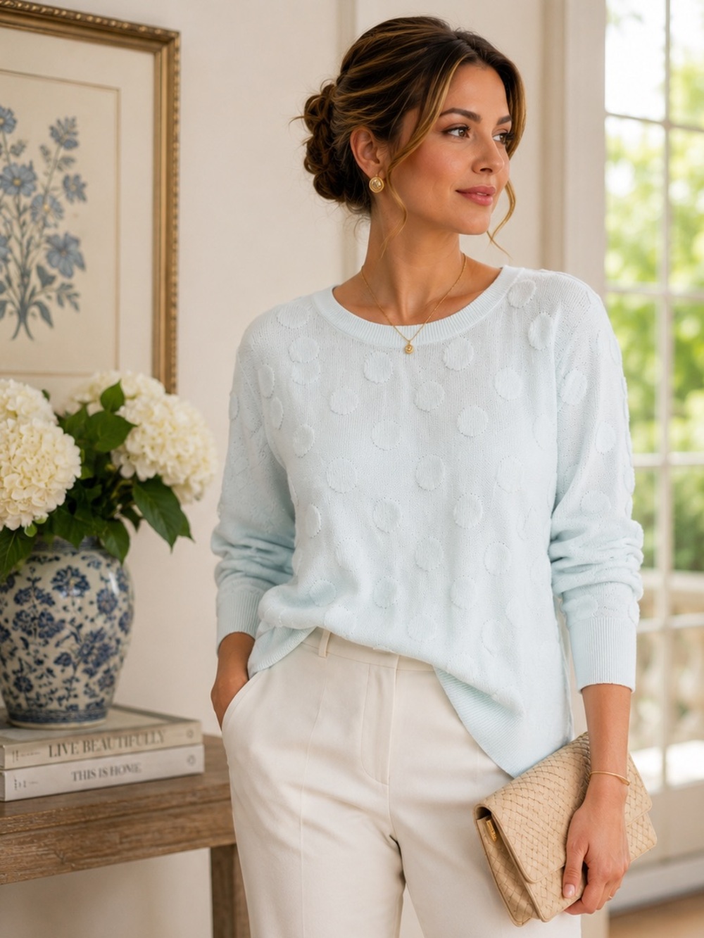 Lord & Taylor 100% Cotton Textured Polka Dot Sweater Light Blue Size Large